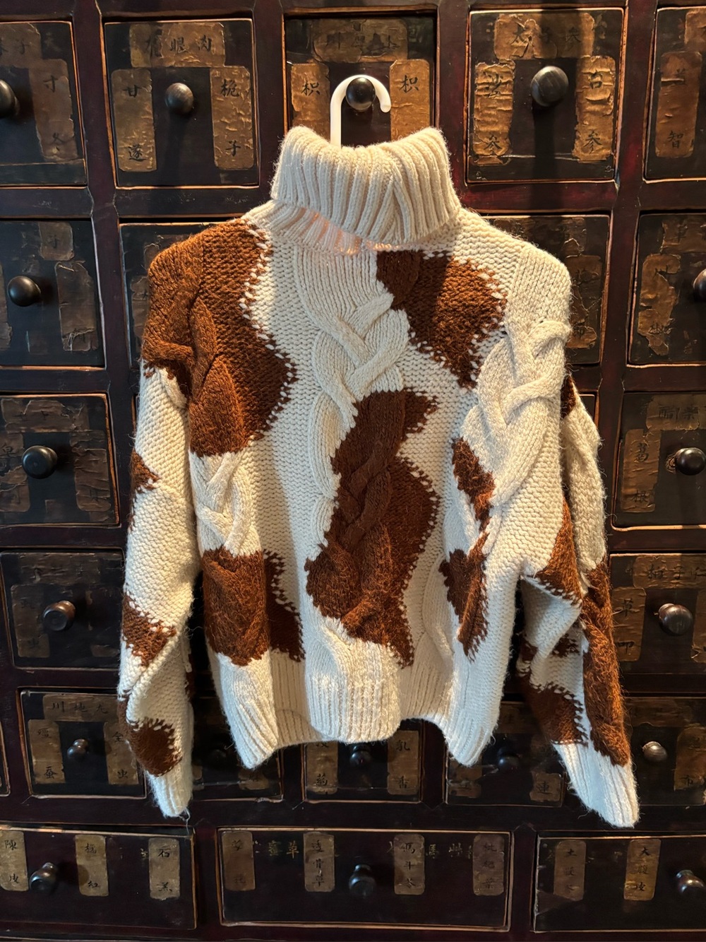 Mango Cream and Brown Cable-Knit Turtleneck Sweater